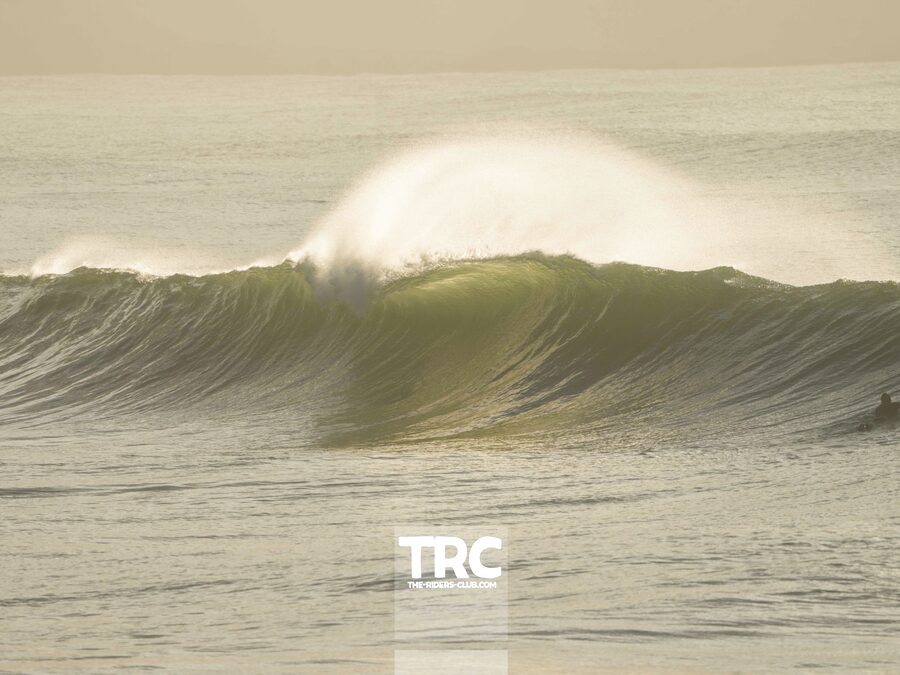 A surfer paddling into a glassy barrel wave at golden hour