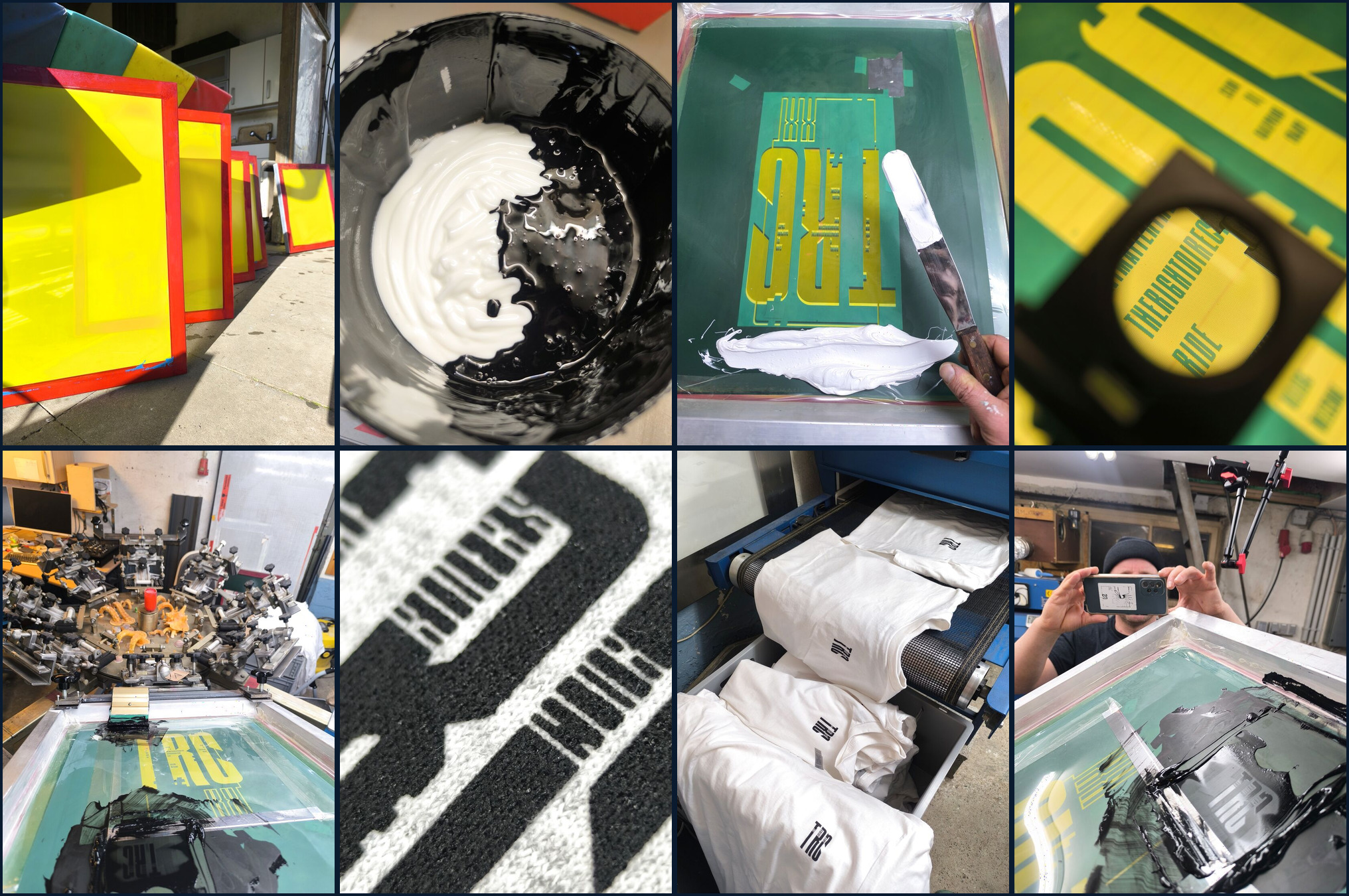 Collage of the TRC screen printing process: preparing screens, mixing ink, applying ink, checking registration, the press, print detail and finished shirts
